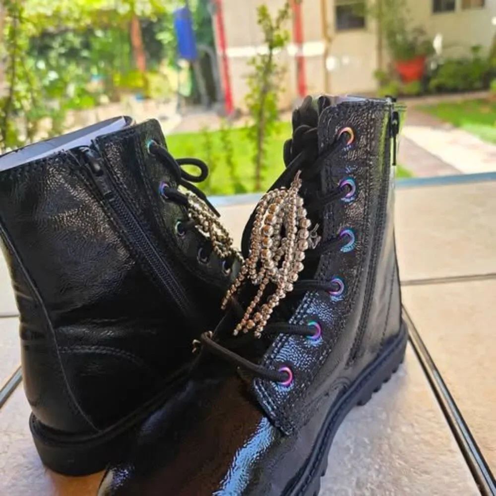 GAP Black Patent Leather Combat Boots with Beaded Chains US 4